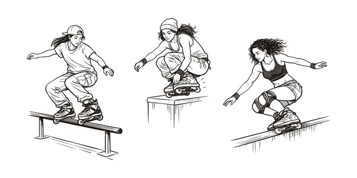 Women aggressive inline skating icon set outline vector illustration