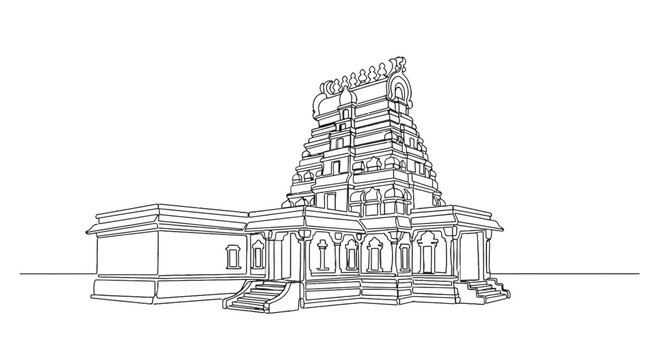 Minimalist Line Drawing of a Traditional Hindu Temple with Ornate Architecture and Elevated Base showcasing Cultural Heritage
