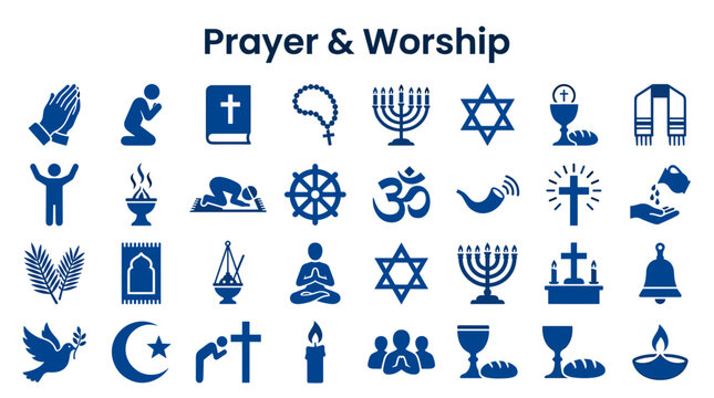 Diverse religious symbols and icons representing prayer worship and spirituality across different faiths and cultures