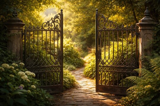Detailed wrought iron gate half open revealing dense garden greenery under mellow golden sunlight copy space