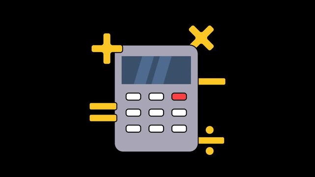 Seamless looping gray calculator animation moving up and down with moving yellow math symbols like plus and minus. Accounting and finance motion graphic on a transparent alpha channel