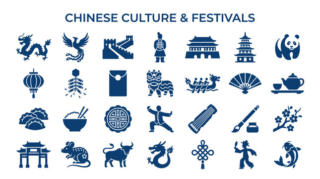 Chinese Culture and Festivals Icons Set Collection
