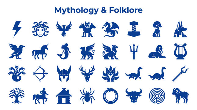Mythology and Folklore Icons Collection Featuring Legendary Creatures Symbols and Magical Elements