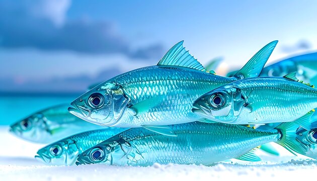 A school of small, shimmering fish swims in shallow, clear water over a sandy bottom, with a soft focus background of blue sky and clouds, ocean life, marine ecosystem