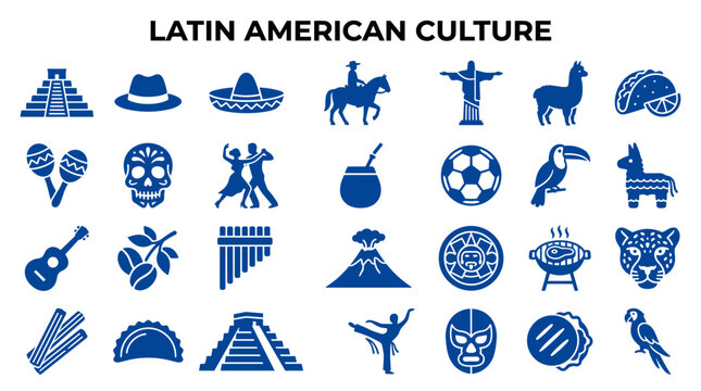 Latin American Culture Icons Set Diverse Symbols Representing Heritage and Tradition