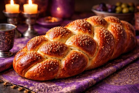 Traditional braided challah set on a colorful table with purple hues