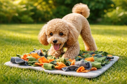 Cheerful pet mini poodle hunting for food in snuffle mat on fresh green grass lawn full length summer portrait