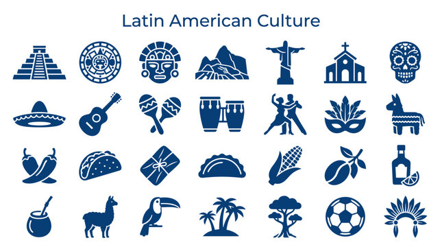 Latin American Culture Icons Set Diverse Symbols Representing Heritage Traditions Cuisine and Landmarks