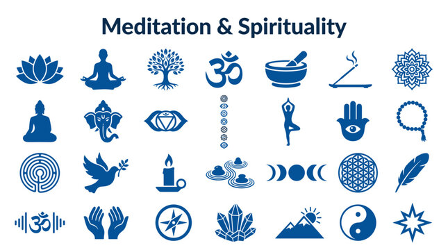 Meditation and Spirituality Icons Collection representing inner peace, enlightenment, yoga, and mindfulness practices