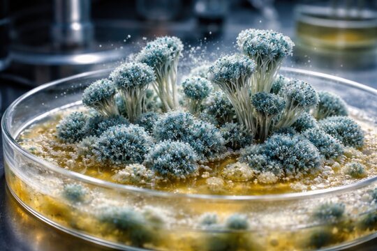 Penicillium mold growth forming antibiotic penicillin in laboratory nutrient medium