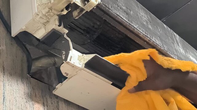 Professional AC technician removing and washing split AC filter in a residential environment for improved airflow. Detailed maintenance process highlighting appliance care, cleaning service, 