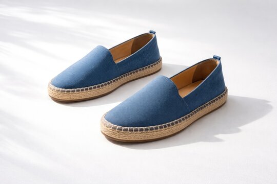 Stylish blue espadrilles over white minimal surface with copy space
