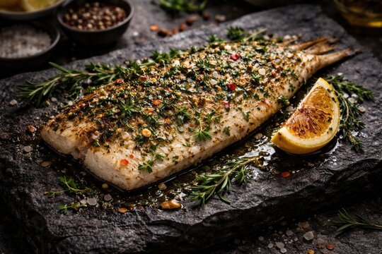 Herb and spice covered dorada fillet displayed on rough dark stone slab
