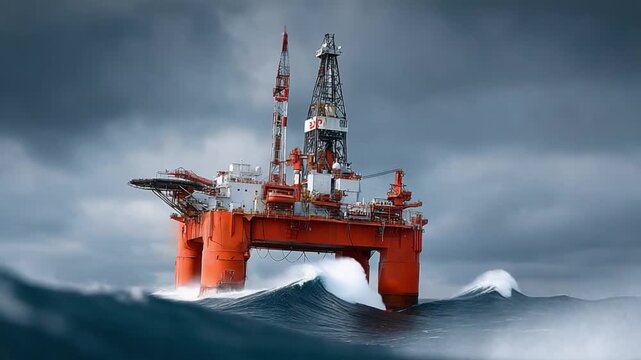 Offshore Oil Rig in Turbulent Waters: A towering offshore oil rig battles the churning sea under a dramatic, stormy sky, showcasing the raw power of industry amidst nature's fury.