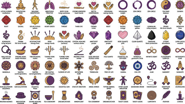 Spiritual symbols and icons collection with spirituality meditation mindfulness religion enlightenment wellness astrology geometric talisman consciousness infographic