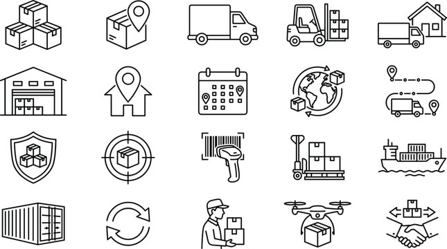 Comprehensive logistics and delivery line icon set featuring shipping boxes warehouse storage global transport tracking tools and courier services