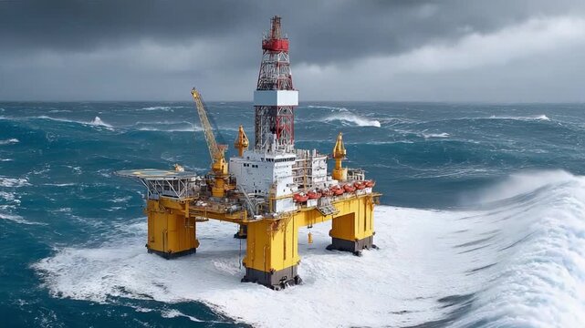 Offshore Oil Rig Amidst Tempest: A colossal oil rig stands defiant against the fury of a tempestuous sea, embodying the power and resilience of industry in a harsh marine environment.