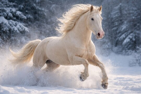 Powerful perlino horse captured in motion with snow backdrop