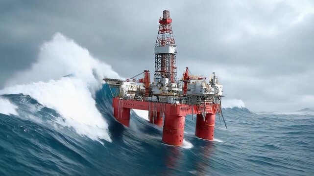 Oil Rig Amidst Ocean's Fury: A colossal oil rig battles against the immense power of the ocean, highlighting the resilience of engineering in the face of nature's raw force.