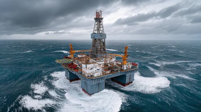 Offshore Drilling Rig Amidst Stormy Seas: An industrial oil rig braves turbulent waters beneath a dramatic, clouded sky. Highlighting the power of engineering against nature's forces.