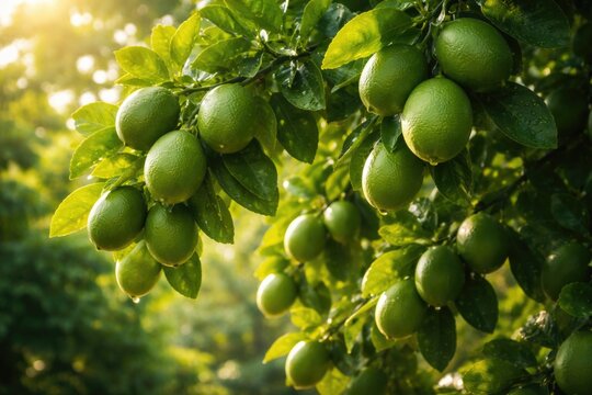 Lush lemon tree bearing green limau telur buaya fruits with bright green foliage in soft sunlight