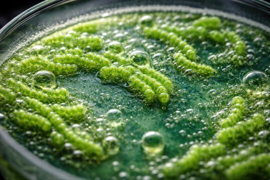 High magnification of green bacterial clusters typical of Vibrio on selective agar medium with bubble formations and textures