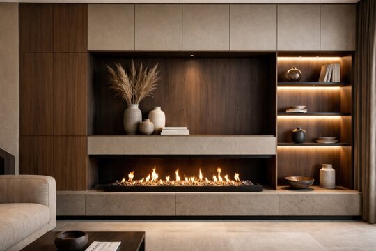 Contemporary built in furniture showcasing a bio ethanol fireplace for eco burning