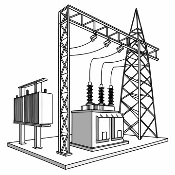 Line drawing of power grid infrastructure with electrical transformers and transmission towers on a white background
