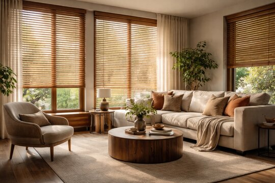 View of contemporary living room interior emphasizing wooden blind covered window with soft natural light streaming