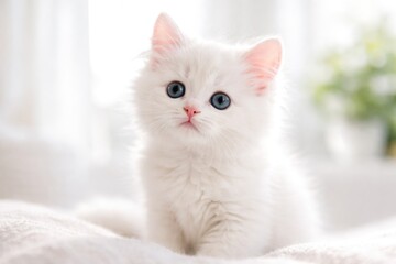 Fototapeta premium Innocent white cat looking curiously in a bright isolated environment