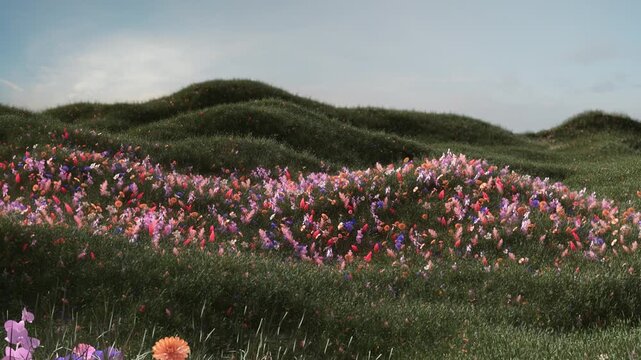 Beautiful landscape of rolling grass hills covered with blooming wildflowers in soft natural light. Detailed 3D render featuring lush green meadow, colorful flowers and gentle terrain under a calm sky