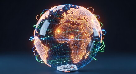 Fototapeta premium A dynamic digital globe pulses with vibrant orange energy and glowing data streams, illustrating high-tech global connectivity and progress, web, flow, orange