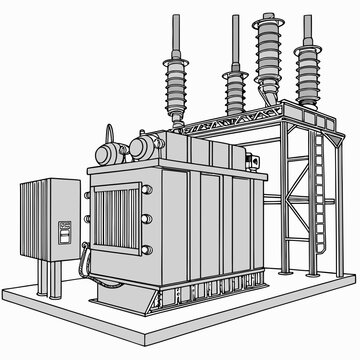 vector illustration of a heavy duty electrical substation with towers and transformers on a white background