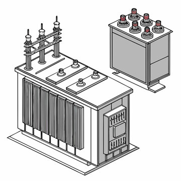 Isometric vector illustration of power transformer units with detailed electrical components on a white background high quality