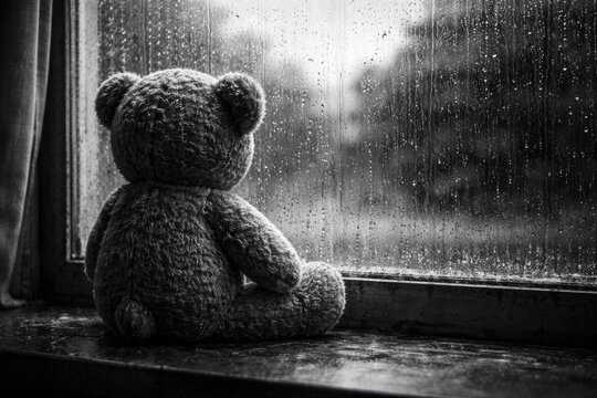 A teddy bear in grayscale observing the rainy weather symbolizing missing children and solitude