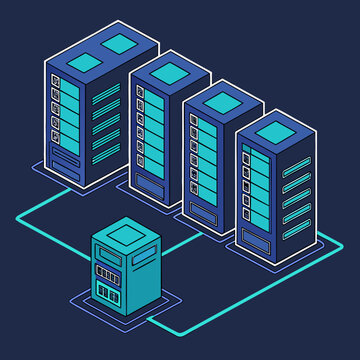 Isometric server cluster illustration with multiple nodes and network connections blue tones high quality professional detailed modern