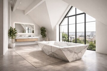 Fototapeta premium Spacious bathroom interior showcasing loft window white walls and marble angular bathtub mockup