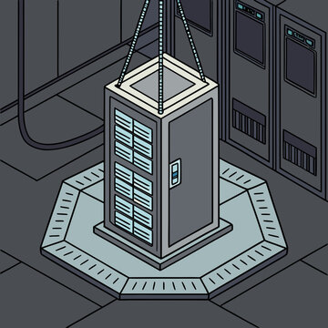 server pod standing on floating hexagonal platform digital illustration in comic book style high quality professional detailed