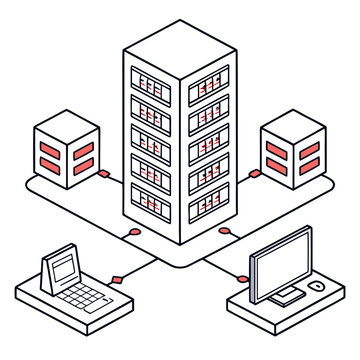 isometric server infrastructure with connected computers and network cables line art illustration high quality professional detailed modern