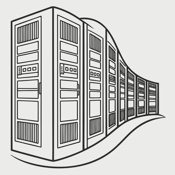 server rack illustration in wave pattern black and white line drawing on a gray background high quality
