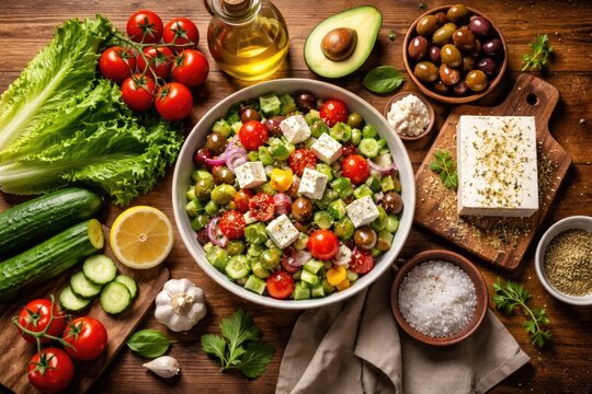 Healthy eating background featuring Greek salad components arranged on warm timber texture