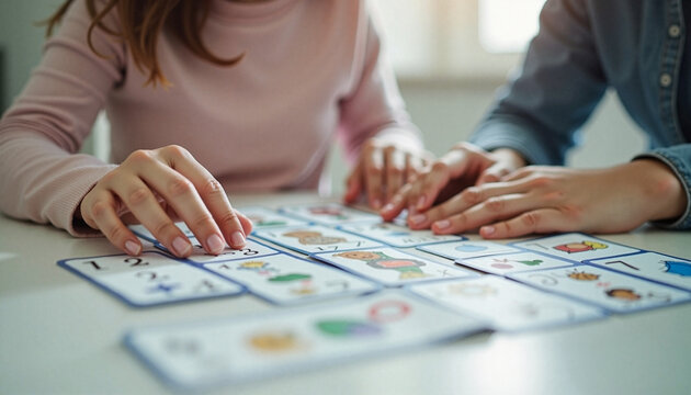 Therapist teaching child with autism spectrum disorder using educational flashcards indoors