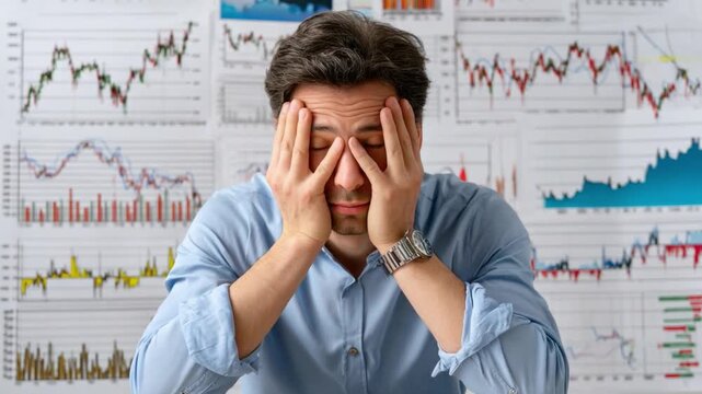 Investor's Dilemma: A concerned investor, head in hands, amidst charts illustrating market fluctuations. The scene captures the pressure and uncertainty faced in finance and trading.