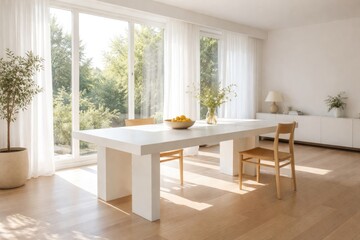 Fototapeta premium Natural light floods space with white minimalist table in front of large window designed by AI