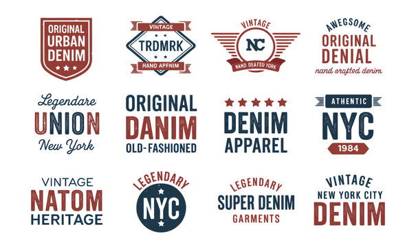 Vintage Denim Apparel Labels and Retro Badge Collection for Clothing Brand Identity and Design