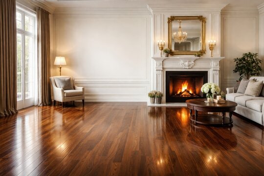 Stylish residential interior with classic fireplace and glossy hardwood floor complemented by copy space for text