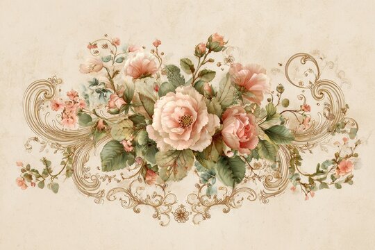 Intricate botanical scrollwork illustration featuring leaves, petals, and curling vines
