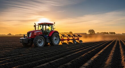 Fototapeta premium A vibrant red tractor cultivates the rich soil of a vast farm at sunrise, highlighting advanced agricultural technology and rural work, nature, technology, farm