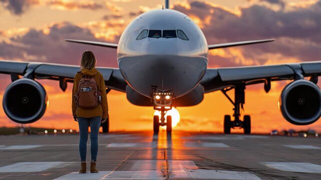 Awaits Aviation: A solitary figure, poised on the airfield, gazes upon an aircraft as the setting sun paints the sky with fiery hues. It's a visual ode to travel, anticipation.