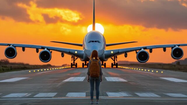 Departure's Dawn: A traveler stands on the runway, gazing at a majestic airplane bathed in the golden hues of sunrise, ready for takeoff and a journey of a lifetime.